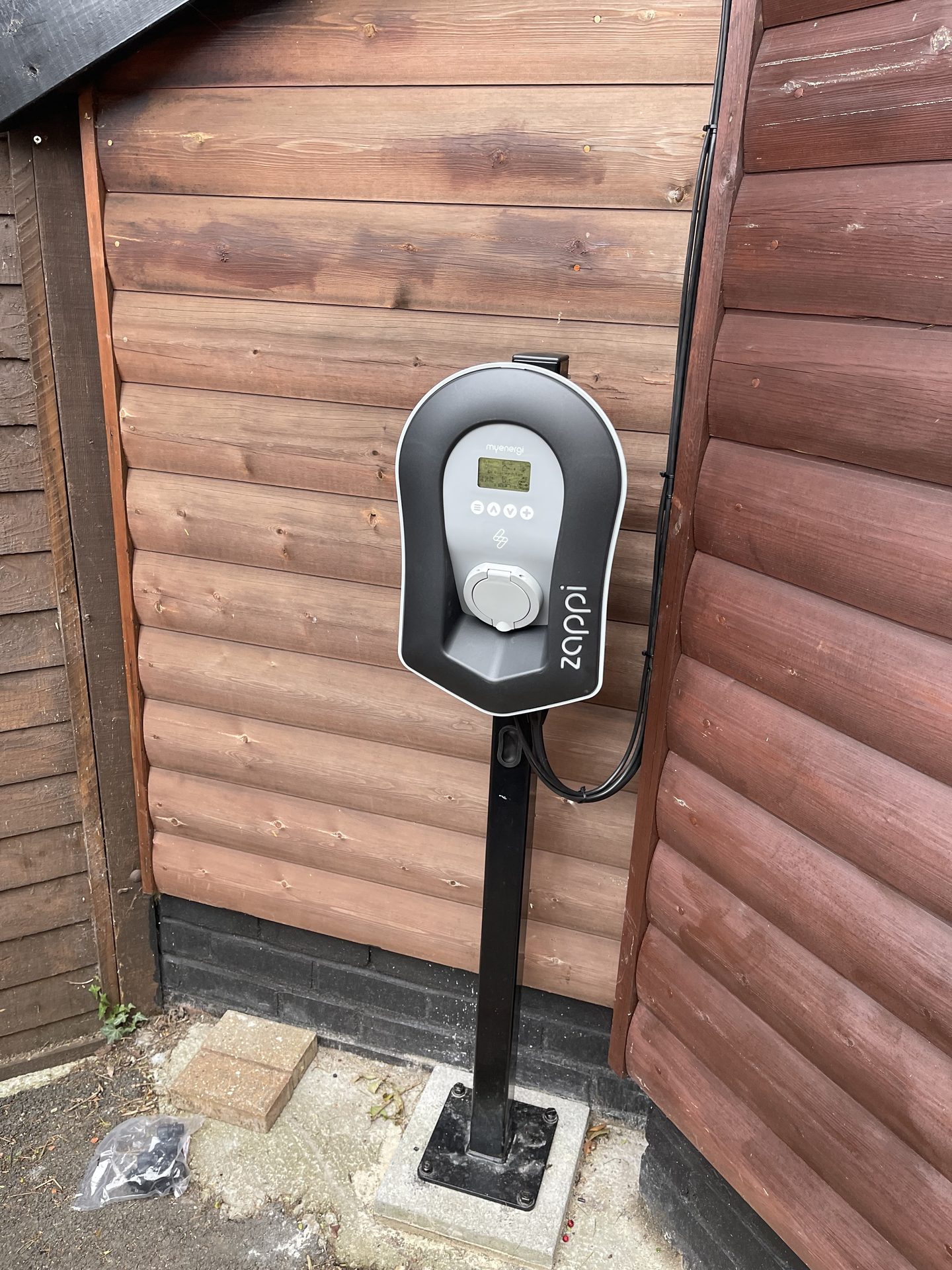 Zappi EV charger installed on free-standing pedestal mount — Hinton Electrics